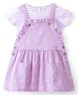 Babyhug Cordrouy Frock With Half Sleeves Striped Inner Tee Floral Print- White & Lilac