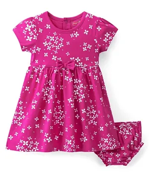 Babyhug 100% Cotton Knit Short Sleeve Frock & Bloomer With Floral Print - Pink