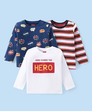 Babyhug 100% Cotton Full Sleeves T-Shirt with Text Graphics Print & Striped Pack of 3  - Blue & White