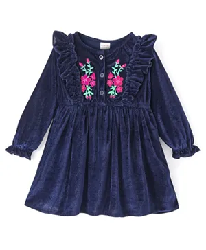 Babyhug Woven Full Sleeves Dress Floral Embroidery - Navy Blue