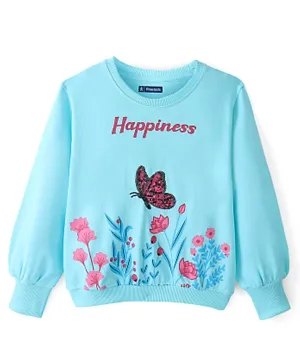 Pine Kids Cotton Knit Full Sleeves Bio Washed Sequined Sweatshirt with Floral Print - Turquoise