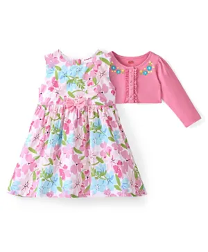 Babyhug Poplin Floral Printed Frock Frock with Knit Full Sleeves Embroidered Shrug - Pink