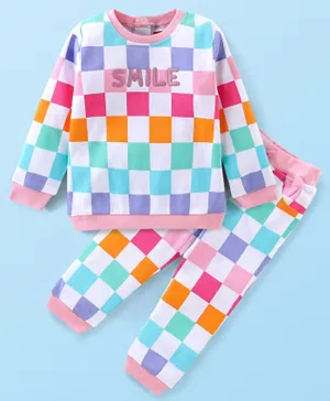 Babyhug 100% Cotton Interlock Knit Full Sleeves Top & Leggings/Co-ord Set Checks & Smile Embroidery - Blue Pink & White