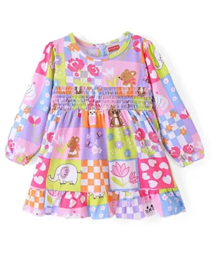 Babyhug 100% Cotton Knit Full Sleeves Floral Printed One Piece Dress - Pink
