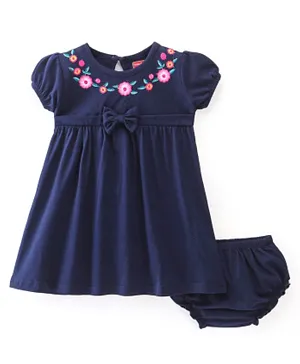 Babyhug Cotton Knit Half Sleeves Frock with Bloomer Floral Embroidered - Navy Blue