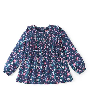 Babyhug Cotton Knit Full Sleeves Printed Top with Frill Detailing Floral Printed - Navy Blue