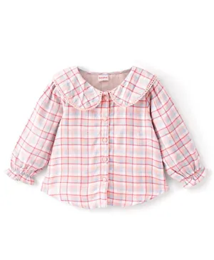 Babyhug Rayon Woven Full Sleeves Checks Top With Lace Detailing - Pink