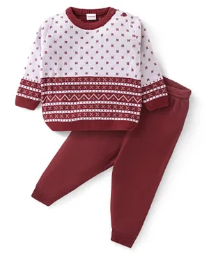Babyhug Knitted Full Sleeves Sweater Set Floral Design - Maroon & White