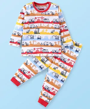 Babyhug Cotton Knit Single Jersey Full Sleeves Night Suit With JCB Print - Yellow Red & White