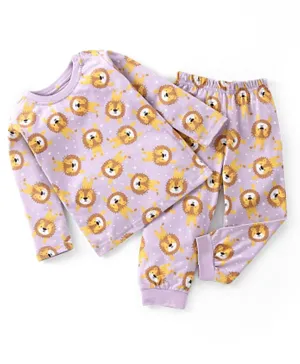 Babyhug Cotton Knit Full Sleeves Night Suit With Lion Print - Lavender