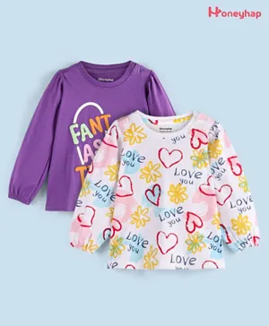 Honeyhap Premium Cotton Knit Full Sleeves Heart & Text Printed T-Shirts Pack of 2 - White & Pansy Purple