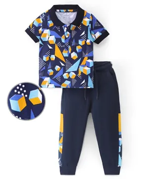 Ollington St. 100% Cotton Half Sleeves Polo T-Shirt & Lounge Pants With All Over Print -  Navy