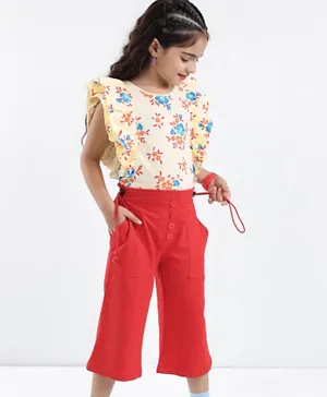 Ollington St. 100 % Cotton Sleeveless Top with Floral All Over Print & Culottes Set - Offwhite & Red