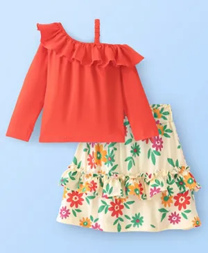 Ollington St. 100% Cotton Sinker Knit Full Sleeves Top & Skirt Set Floral Print - Orange & Off White