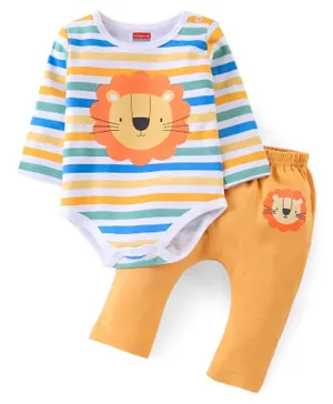 Babyhug 100 % Cotton Knit Full Sleeves Lion Print Onesies & Leggings - Yellow