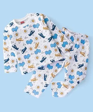 Babyhug Interlock Full Sleeves Winterwear Nightsuit with Aeroplane Printed - White