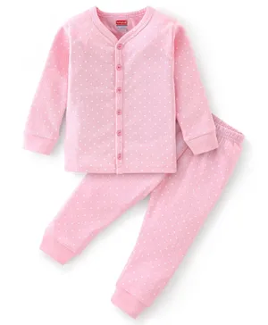 Babyhug Full Sleeves Polka Dot Printed Front Open Thermal Inner Wear Set - Pink
