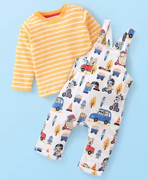 Babyhug 100% Cotton Knit Elephant Print Dungaree with Full Sleeves Stripe Inner Tee - Multicolour