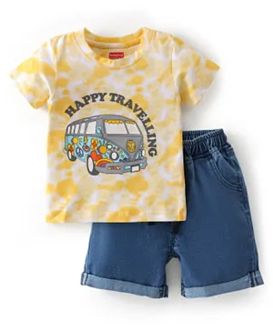 Babyhug Half Sleeves Tie Dye T-Shirt & Denim Shorts Set Bus Print - Yellow & Blue