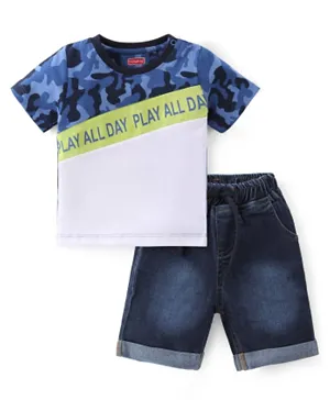 Babyhug Half Sleeves T-Shirt & Denim Shorts Set Text Print - Blue