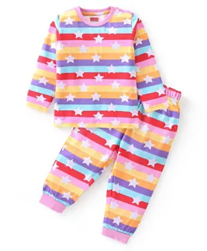 Babyhug Cotton Knit Full Sleeves Striped Night Suit Stars Print - Multicolour
