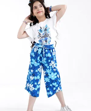 Ollington St. Cotton Frill Sleeves Floral Text Print Top & Culottes Set with Self Fabric Belt - White & Blue