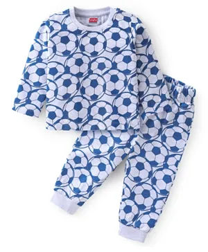 بيبي هاغ - بدلة ليلية من القطن المحبوك بأكمام طويلة مع طبعة كرة القدم - رمادي/أزرق