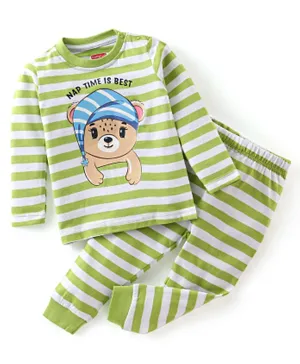 Babyhug Cotton Knit Full Sleeves Night Suit Stripes & Bear Print - Green