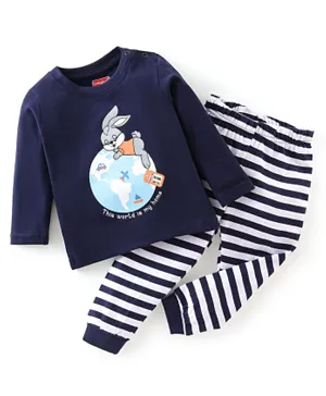 Babyhug Cotton Knit Full Sleeves Night Suit Stripes & Bunny Print - Blue