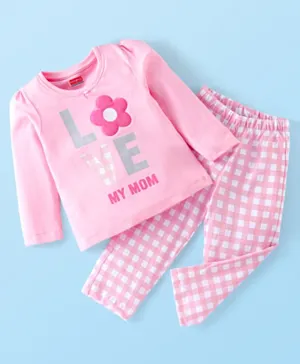 Babyhug Cotton Knit Full Sleeves Night Suit With Text Print - Pink