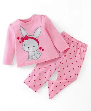 Babyhug Cotton Knit Full Sleeves Bunny Printed Night Suit - Pink