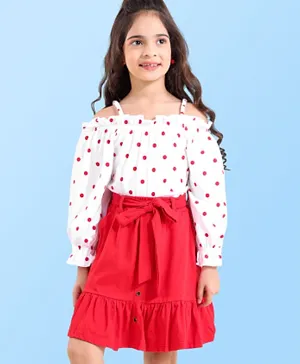 Ollington St. Off Shoulder Full Sleeves Top With Polka Dot Print And Skirt With Self Fabric Belt - White & Red