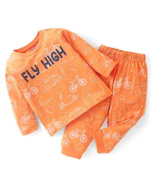 بيبي هاغ بدلة نوم قطنية متماسكة بأكمام طويلة مع طباعة نصية - برتقالي
