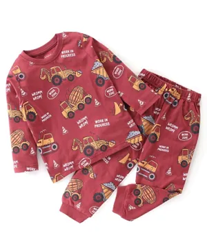 Babyhug Cotton Knit Full Sleeves Trucks Printed Night Suit - Maroon
