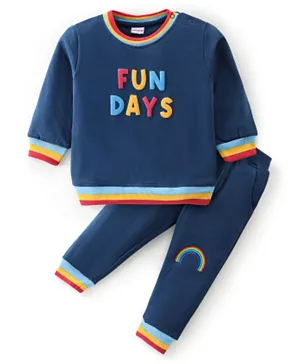 Babyhug 100% Cotton Knit Full Sleeves T-Shirt & Lounge Pants With Text Print - Blue