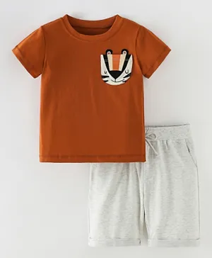 SAPS Patched Pocket T-shirt & Shorts Set - Brown & Grey