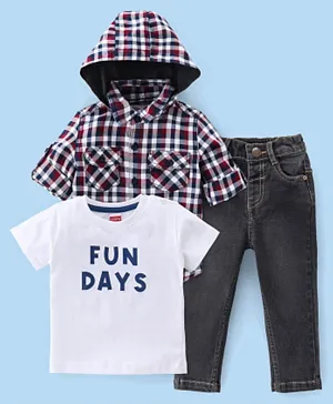 Babyhug Cotton Woven Full Sleeves Hooded Shirt With T-Shirt and Jeans -Multicoloiur