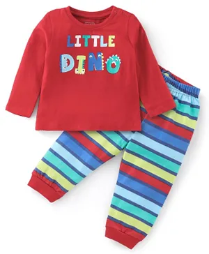 Babyhug Cotton Knit Full Sleeves Night Suit With Text Print - Red
