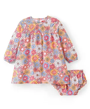Babyhug Cotton Knit Full Sleeves Frock with Bloomer Floral Printed - Pink