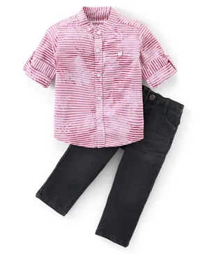 Babyhug Full Sleeves Jacquard Striped Shirt and Denim Jeans - Multicolor