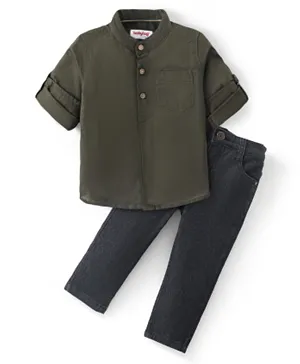 Babyhug 100% Cotton Knit Full Sleeves Shirt & Jeans Set - Green & Black