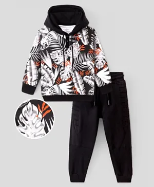 Ollington St. 100% Cotton Full Sleeves Hooded Sweatshirt & Joggers Set with Tropical Print - Black