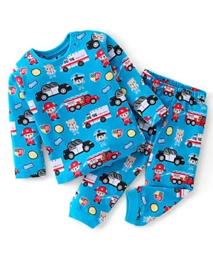 Babyhug Cotton Knit Full Sleeves Vehicles Printed Night Suit - Blue