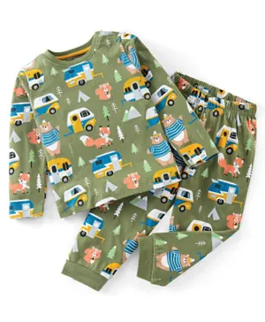 Babyhug Cotton Knit Full Sleeves Camper & Bear Printed Night Suit - Green