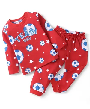 Babyhug Cotton Knit Full Sleeves Text & Football Printed Night Suit - Red