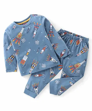 Babyhug Cotton Knit Full Sleeves Rockets Printed Night Suit - Grey