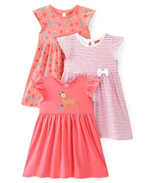 Babyhug 100% Cotton Knit Cap Sleeves Frock With Floral & Deer Print Pack Of 3 - Pink & Peach