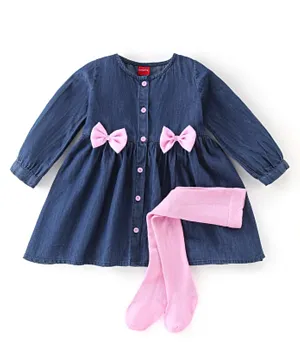Babyhug Cotton Full Sleeves Frock with Bow & Leggings - Blue