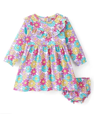 Babyhug Cotton Knit Full Sleeves Floral Printed Frock With Bloomer - Multi Color