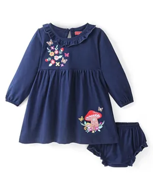 Babyhug 100% Cotton Knit Full Sleeves Frock With Bloomer Floral Embroidery - Navy Blue